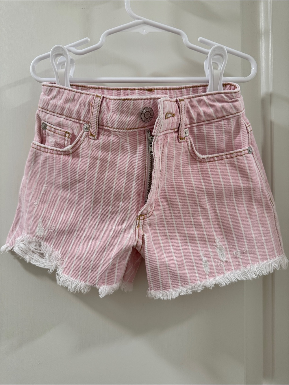 Zara Pink Striped Denim Shorts with Frayed Hem